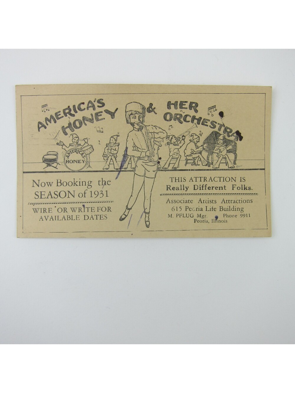 Postcard Americas Honey & Her Orchestra Peoria Illinois Advertising Vintage RARE
